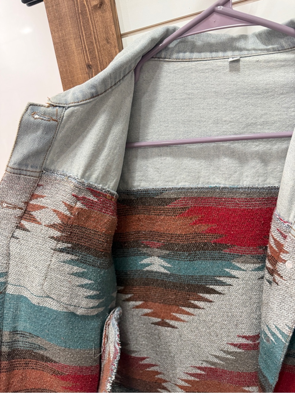 Aztec Pattern Light Wash Denim Jacket - Multi-Color - Picture 6 of 7